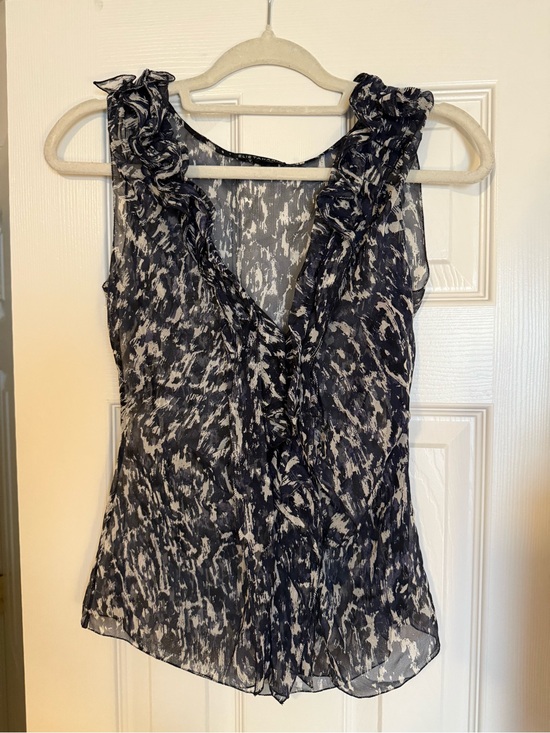 Elie Tahari Tops - Elie Tahari Navy and White Ruffle V-Neck Sleeveless Sheer Blouse